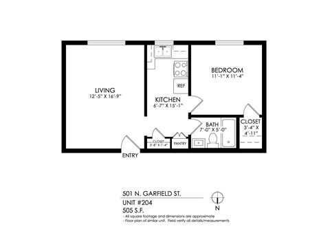 A black and white image of a floor plan for a 501 N. Garfield St. unit.